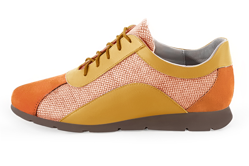 Apricot orange and mustard yellow women's two-tone elegant sneakers. Round toe. Flat rubber soles. Profile view - Florence KOOIJMAN